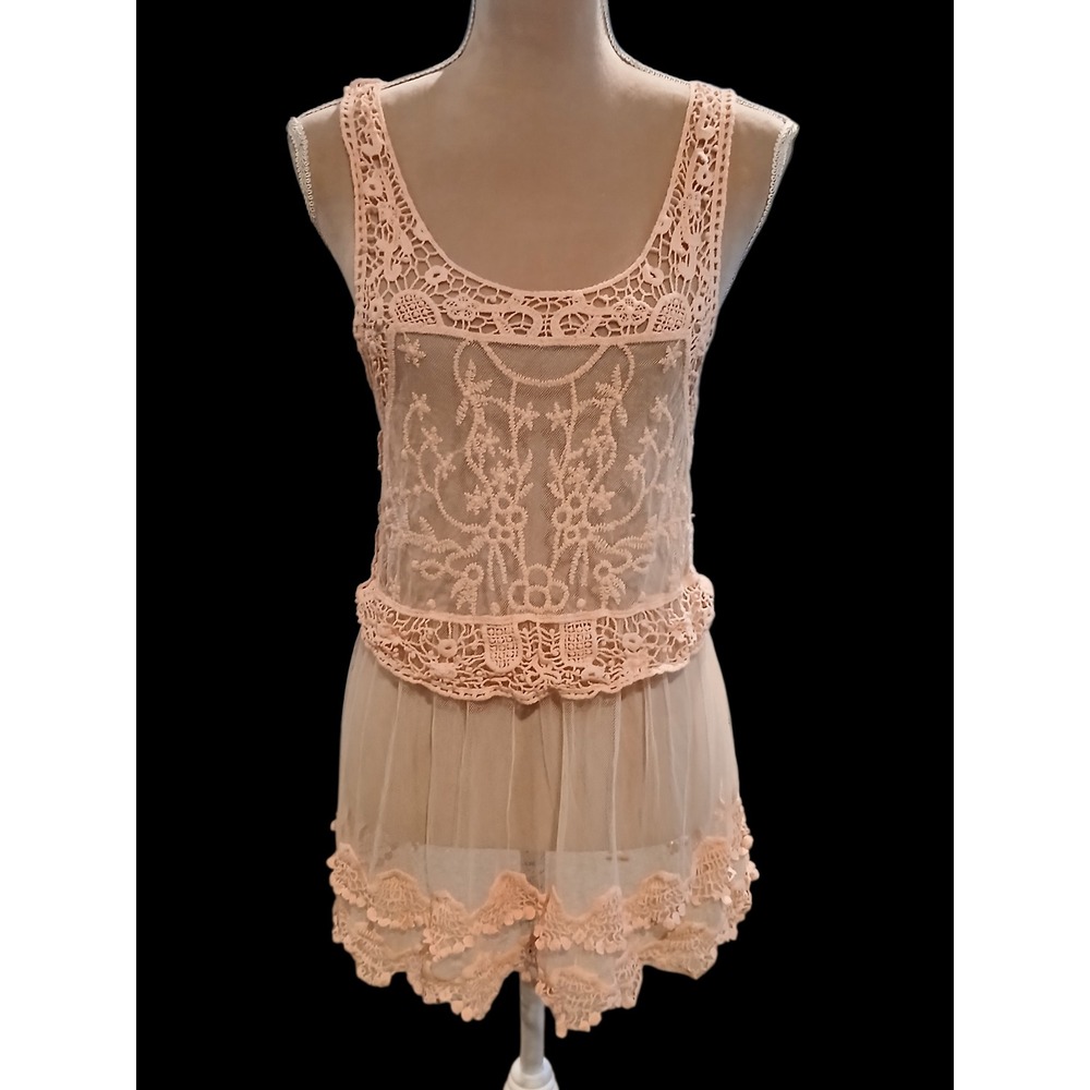 Rue21 Peach Crochet Lace Mesh Romper Sleeveless Boho Floral Juniors Medium